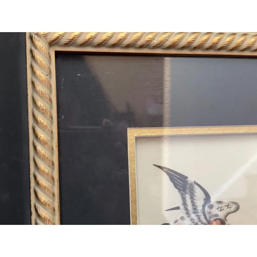 Vintage Asian Crane Silk Wall Art Framed Chinoiserie Bird Gold Frame 21” x 12.5”